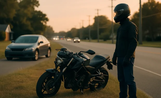Motorcycle accident lawyer Jackson MS claim scene showing a rider and damaged motorcycle