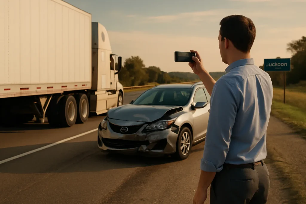 Truck accident evidence in Jackson, MS being documented at a commercial crash scene