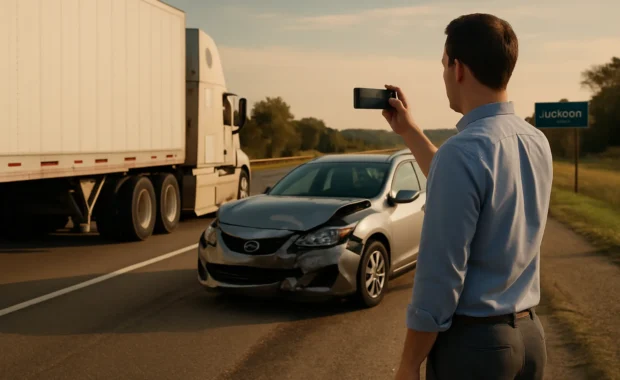 Truck accident evidence in Jackson, MS being documented at a commercial crash scene