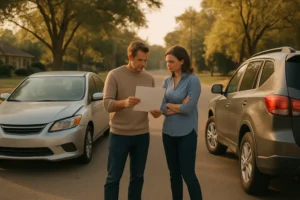 Jackson MS car accident settlement offer discussion beside vehicles on a quiet roadway
