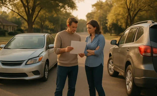 Jackson MS car accident settlement offer discussion beside vehicles on a quiet roadway