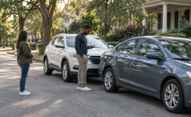 Jackson MS rideshare accident insurance claim context with vehicles safely stopped after a collision